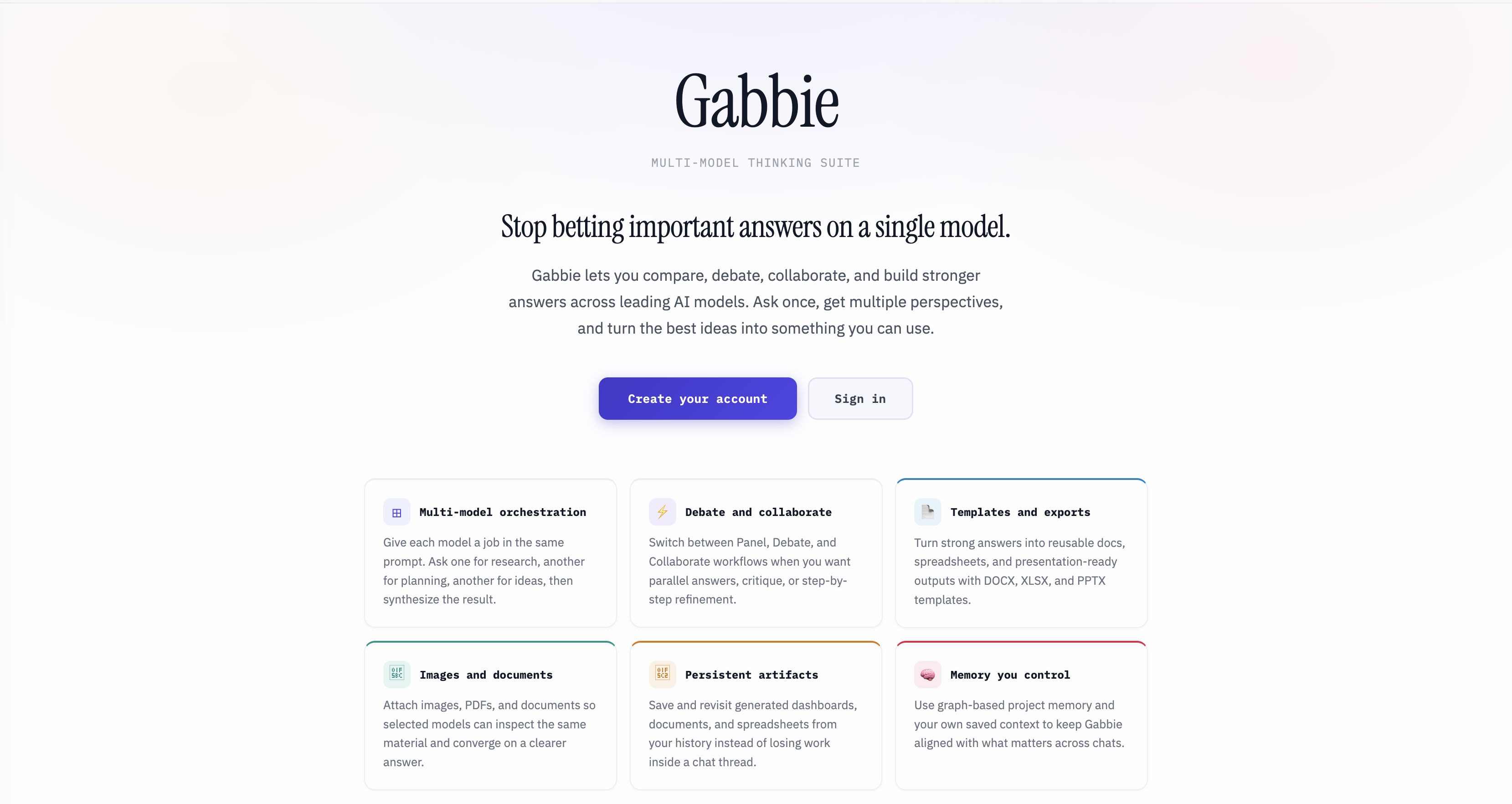 Gabbie's main page, with the headline 'Stop betting important answers on a single model' and an overview of its multi-model workspace.